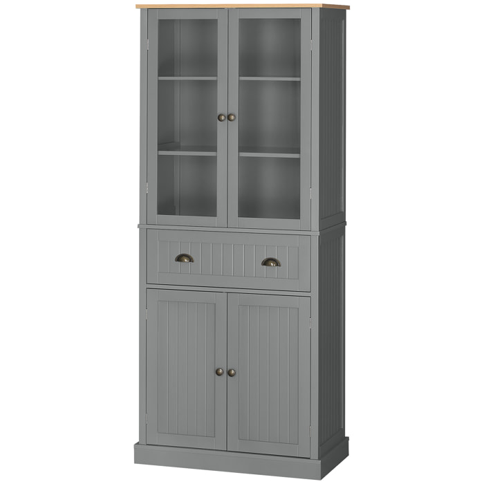Armoire de cuisine buffet haut 4 portes grand tiroir coulissant dim. 76L x 40l x 182H cm panneaux gris verre