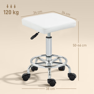 Taburete Giratorio Taburete con Ruedas Altura Regulable 50-66 cm Asiento Tapizado de Cuero Sintético Reposapiés para Salones y Talleres Blanco