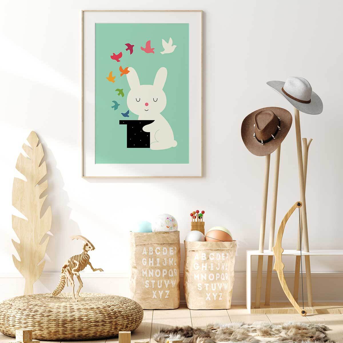 Affiche enfant lapin magicien  Affiche + cadre en bois - Chêne