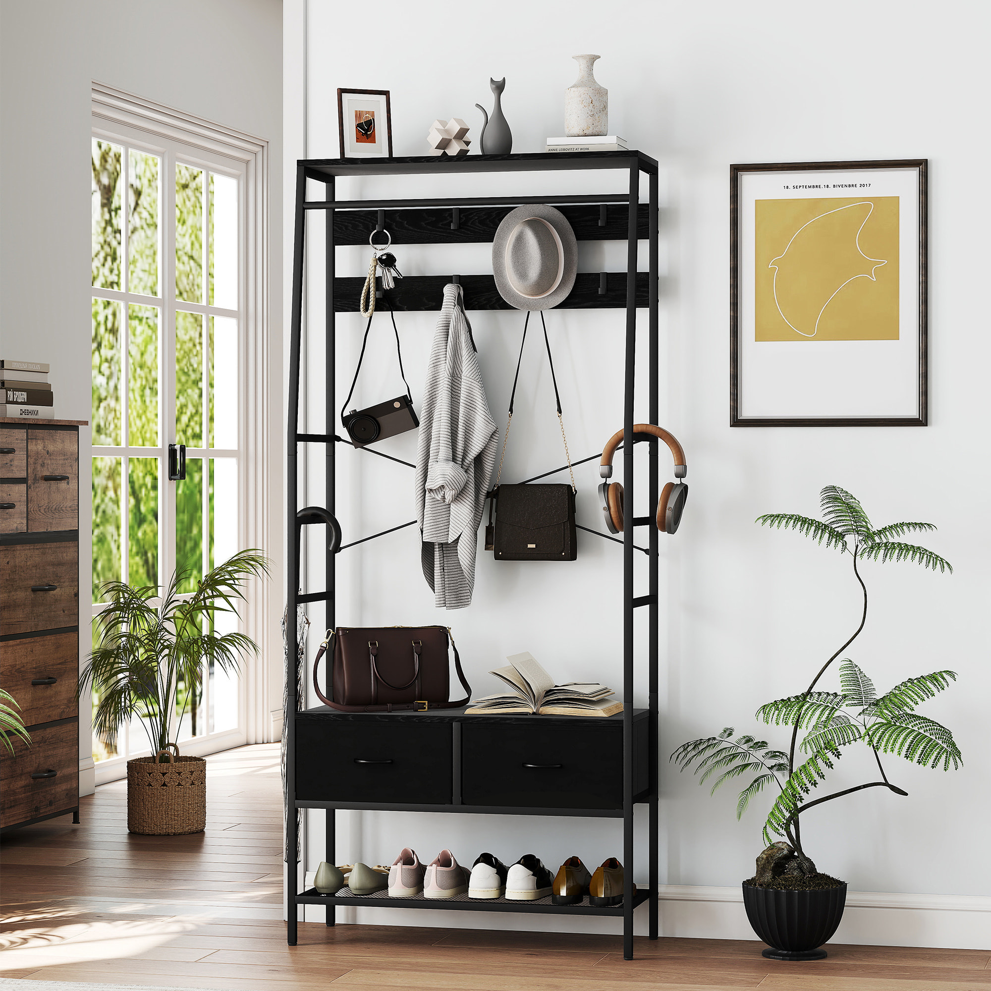 Porte-manteau vestiaire d'entrée style industriel multi-rangement dim. 80 x 30 x 180 cm noir