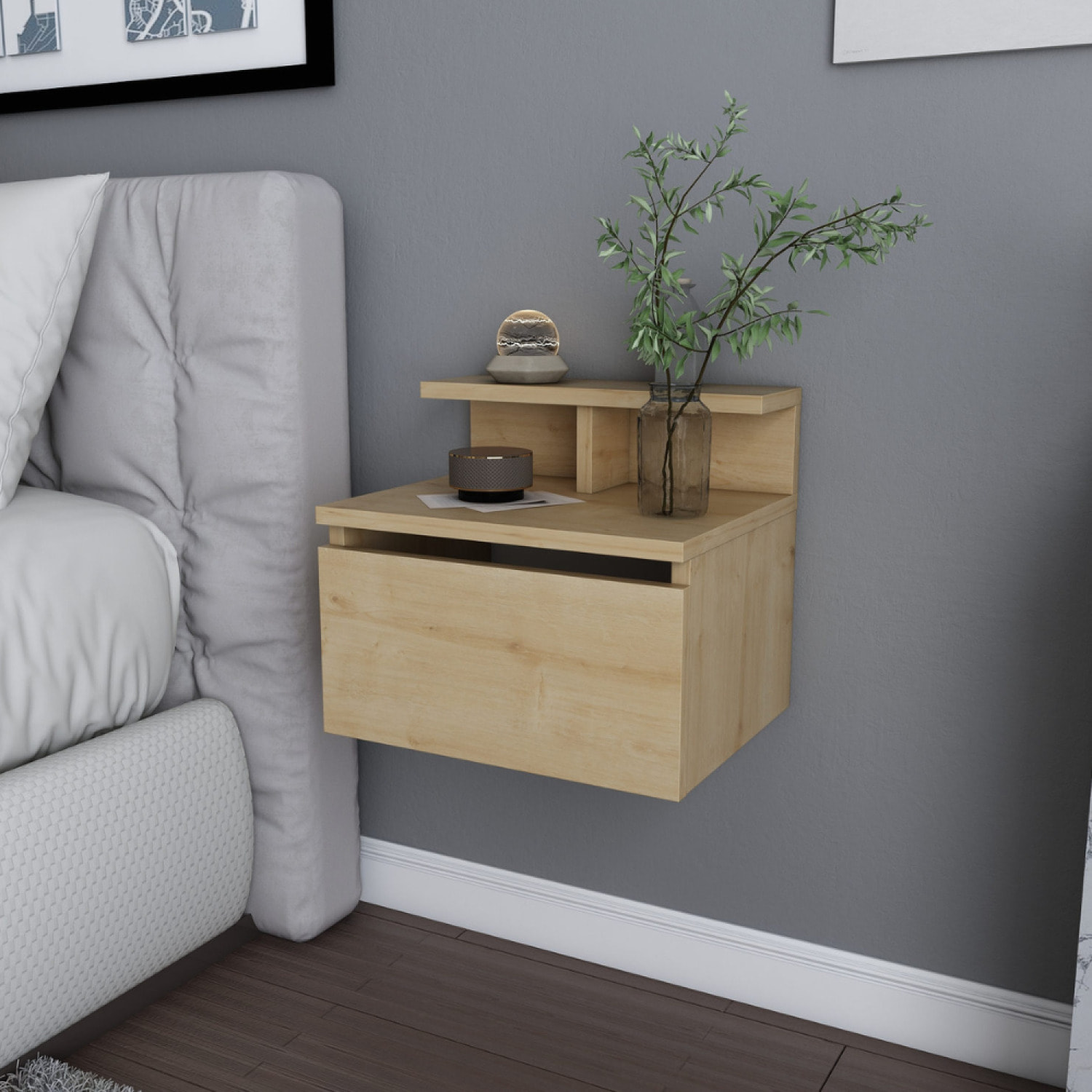 Table de chevet murale bois avec tiroir et étagère SOREN