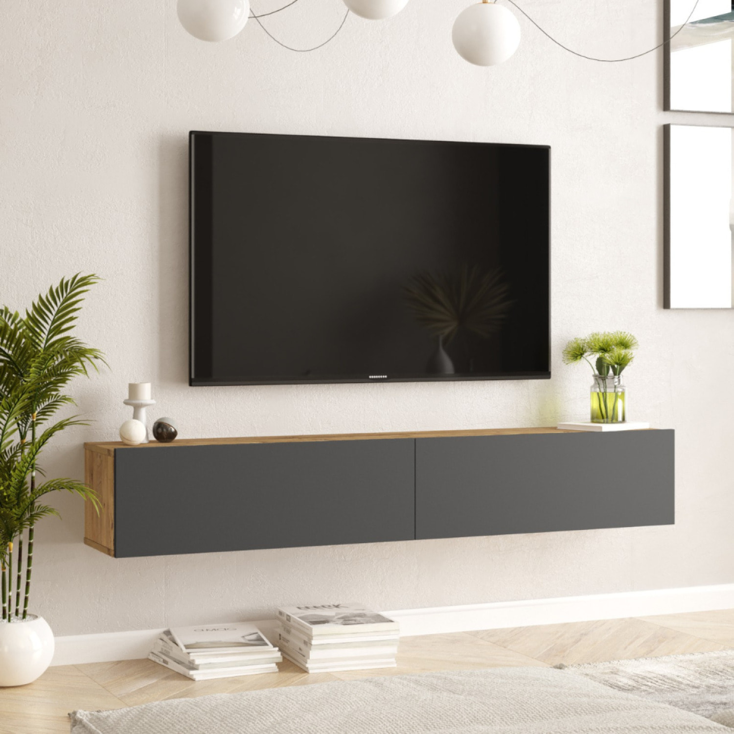 Meuble TV suspendu anthracite et bois 180cm LHOI