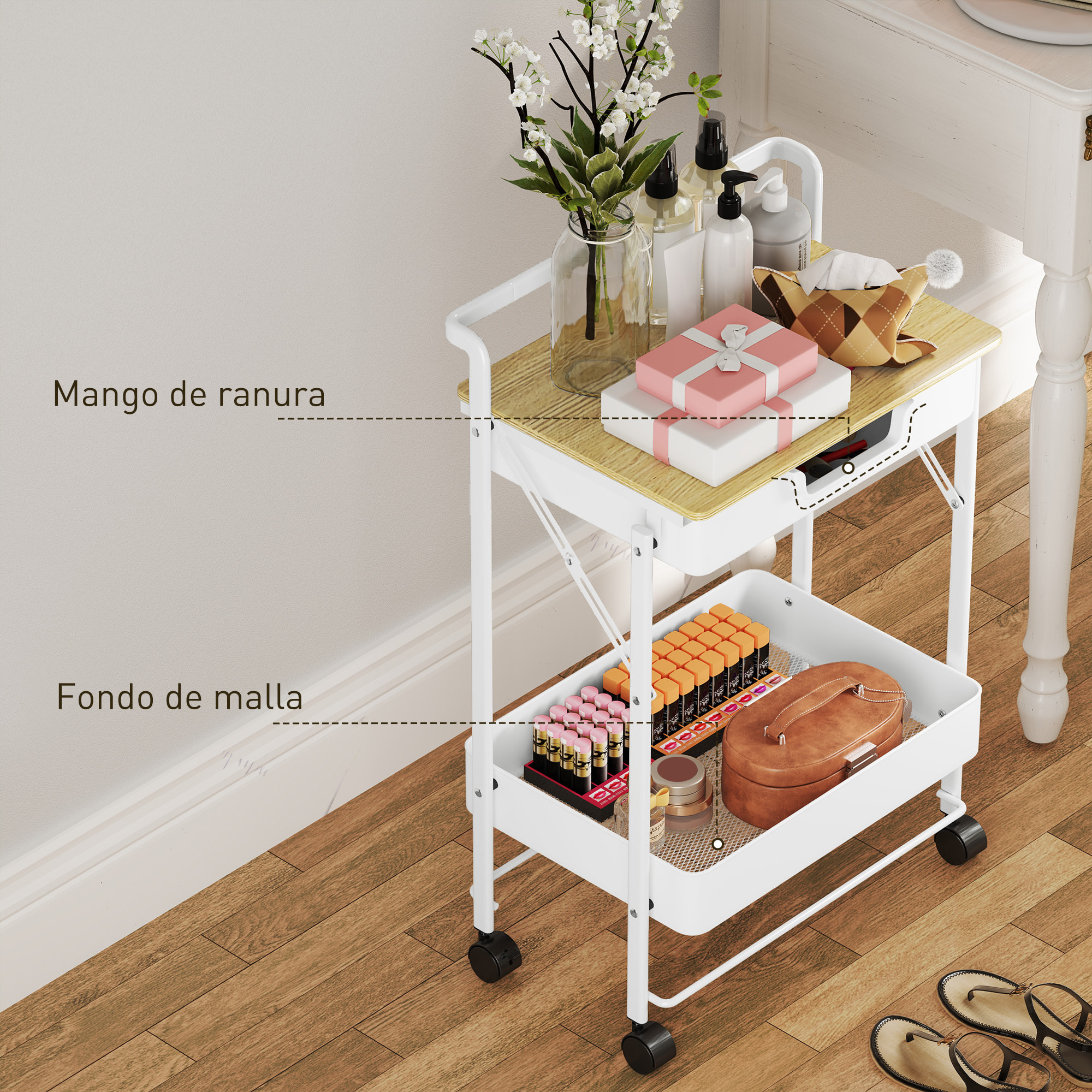 Carrito Auxiliar con Ruedas de 2 Niveles Carro de Cocina Estrecho con 1 Cajón y 1 Cesta Carrito Organizador para Dormitorio Salón Oficina Blanco