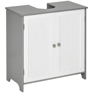 Meuble salle de bain - meuble sous-vasque - placard 2 portes aspect résine tressée avec étagère - MDF blanc gris