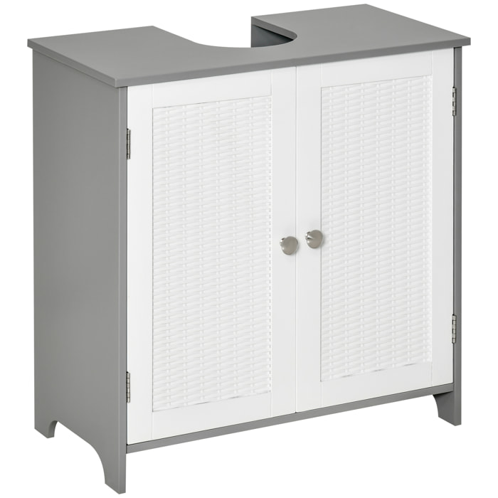 Meuble salle de bain - meuble sous-vasque - placard 2 portes aspect résine tressée avec étagère - MDF blanc gris
