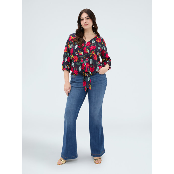 Fiorella Rubino - Blusa estampado floral en viscosa con nudo - Azul