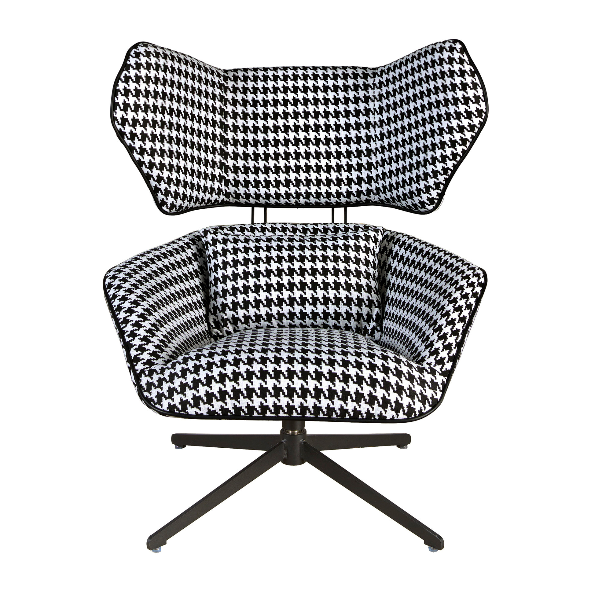 Sillón Angel Cerdá giratorio con reposabrazos con asiento y respaldo tapizados en tela blanca y negra patas de acero inoxidable en epoxi negro 85x95x98cm