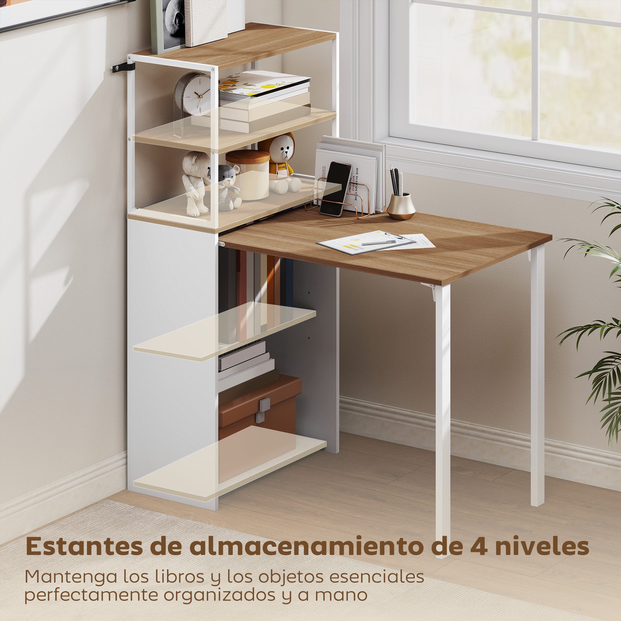 Escritorio Plegable con Estantería, Mesa de Escritorio con 4 Estantes, Mesa de Ordenador para Espacios Pequeños, Estudio, Oficina en Casa, 105x60x127 cm, Natural