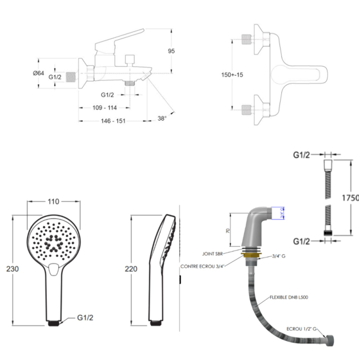 Mitigeur baignoire Aimé + pommeau de douche Metro + flexible de douche métal + colonnettes Idro'Flex