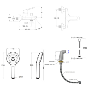 Mitigeur baignoire Aimé + pommeau de douche Metro + flexible de douche métal + colonnettes Idro'Flex