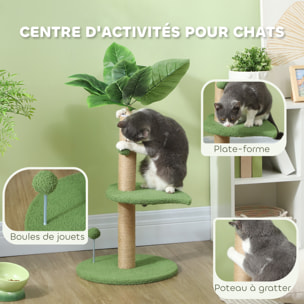 Arbre à chat design tropical - plateforme, griffoir, 2 jeux boules - beige vert