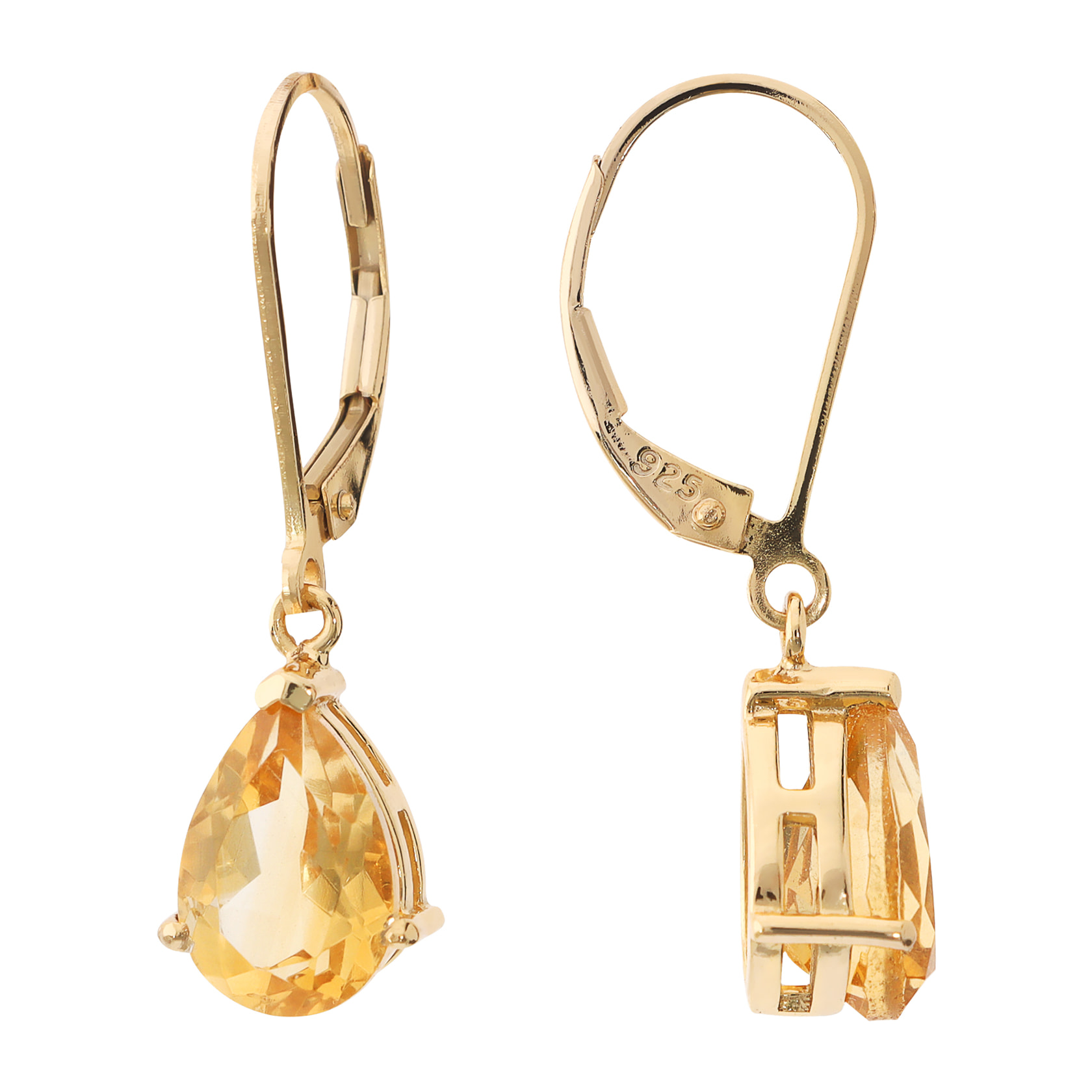 Orecchini Pendenti a Goccia in Argento 925 placcato Oro Giallo 18Kt con Citrino