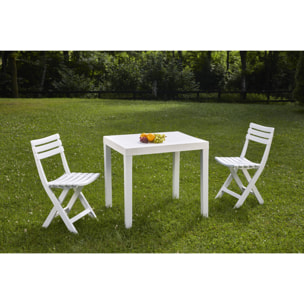 Set salotto da esterno Ortisei, Set da giardino con 1 tavolo rettangolare e 2 sedie pieghevoli, Set indoor e outdoor da Pic Nic, 100% Made in Italy, Bianco