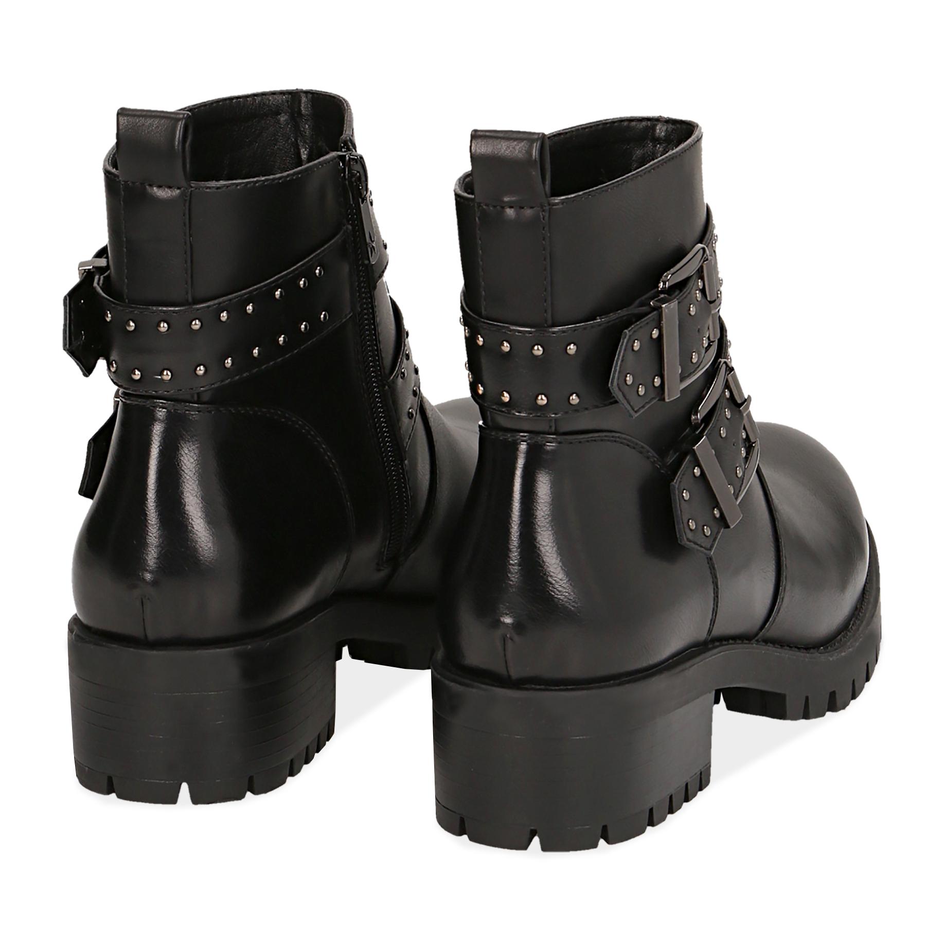 Biker boots con fibbie e borchie neri in eco-pelle, tacco 4,5 cm