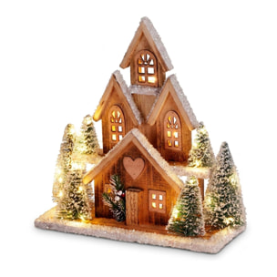 Casa navideña de madera con led blanco cálido y 6 árboles nevados, temporizador 6h 32x12x33 cm
