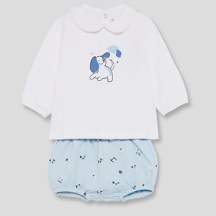 Conjunto bebé niño camiseta crudo con perrito y braguita azul de huellitas, cierre trasero de botones | Color: Blanco roto | Street Monkey