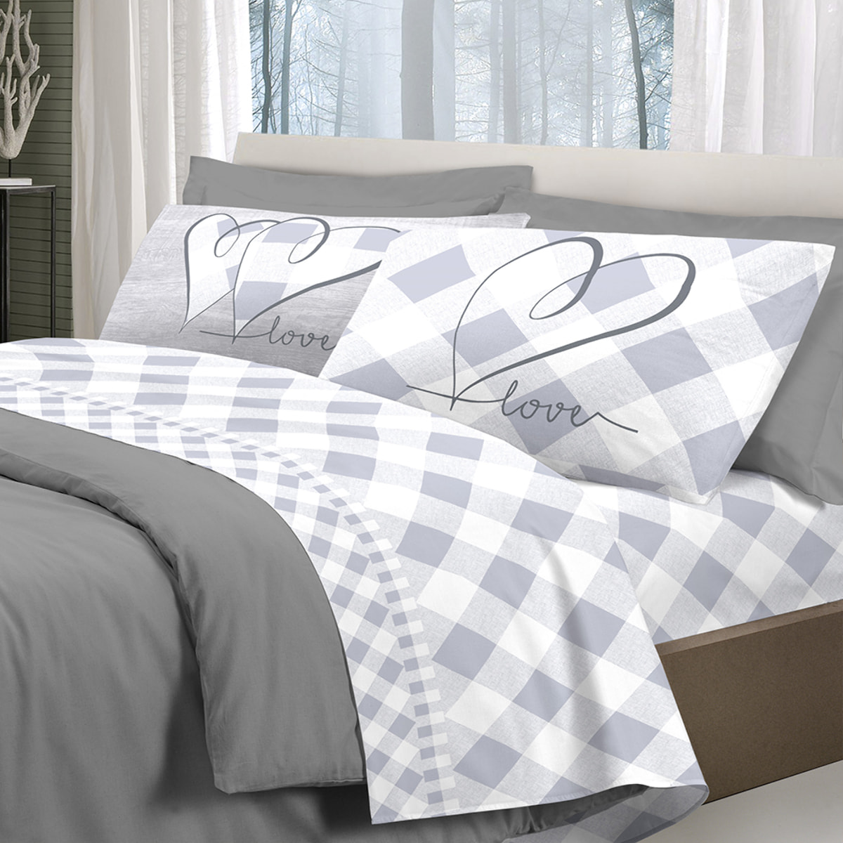 Completo letto lovely check grigio 100% cotone