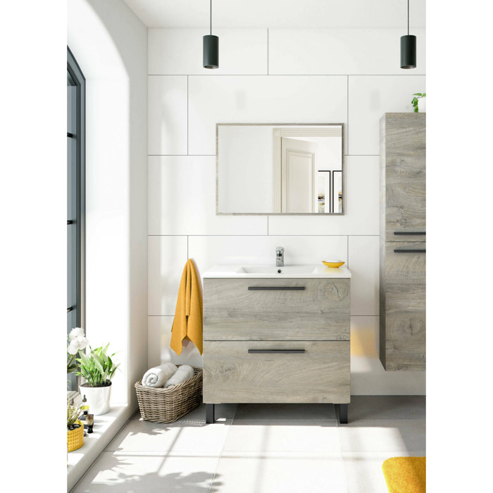 Mobile sottolavabo Yonkers, Mobiletto per bagno a 2 cassetti, Armadietto sospeso con specchio, lavabo non incluso, cm 80x45h80, Rovere