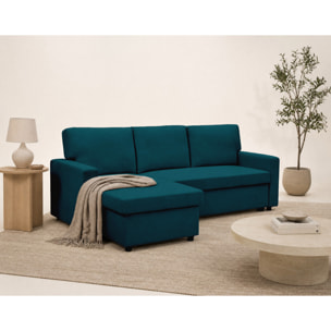 Meiya - canapé d'angle réversible 4 places convertible avec coffre en tissu - Bleu