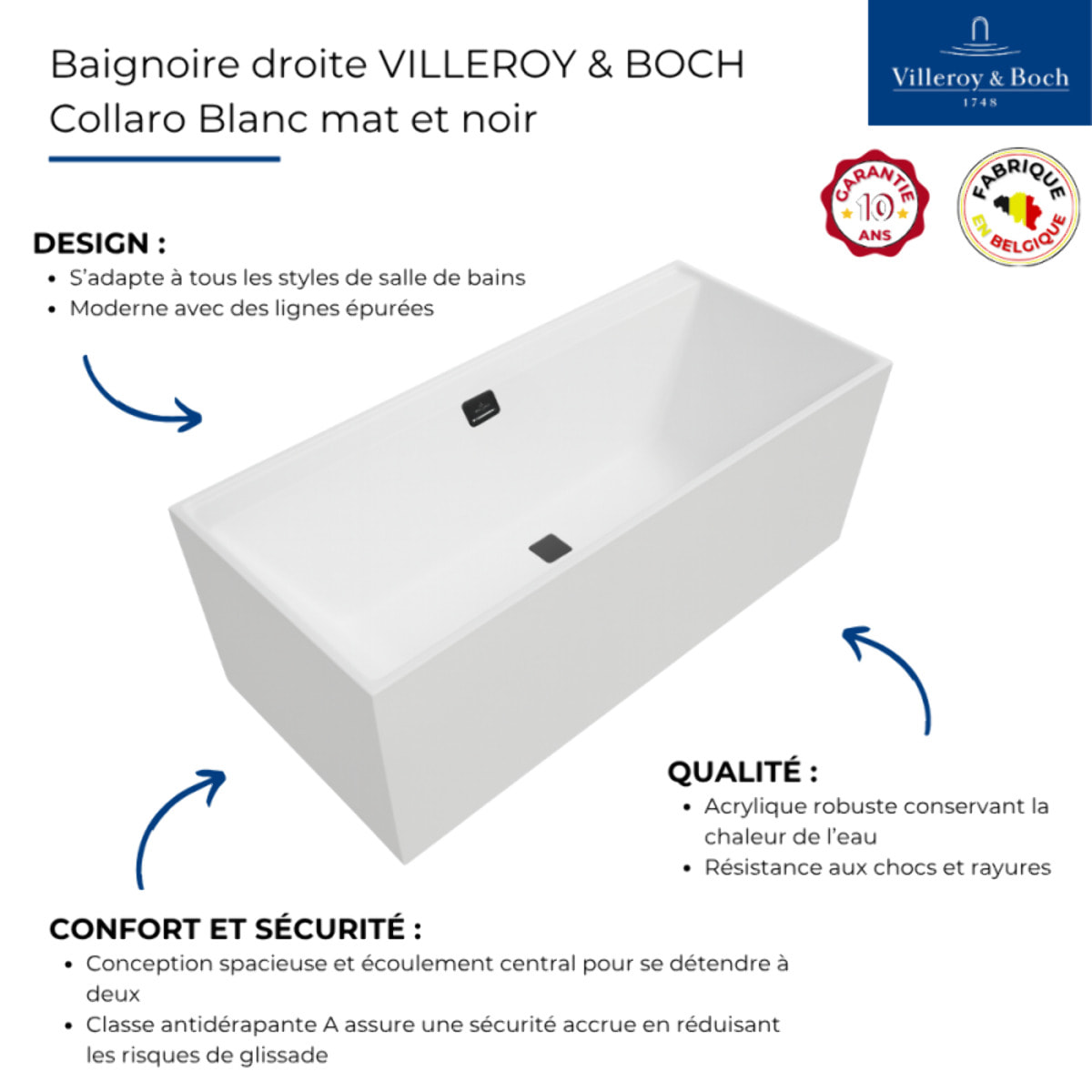 Baignoire droite antidérapante VILLEROY ET BOCH Collaro acrylique