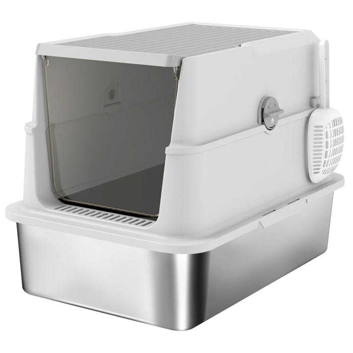 Maison de toilette XL bac litière acier inox porte pelle gris clair