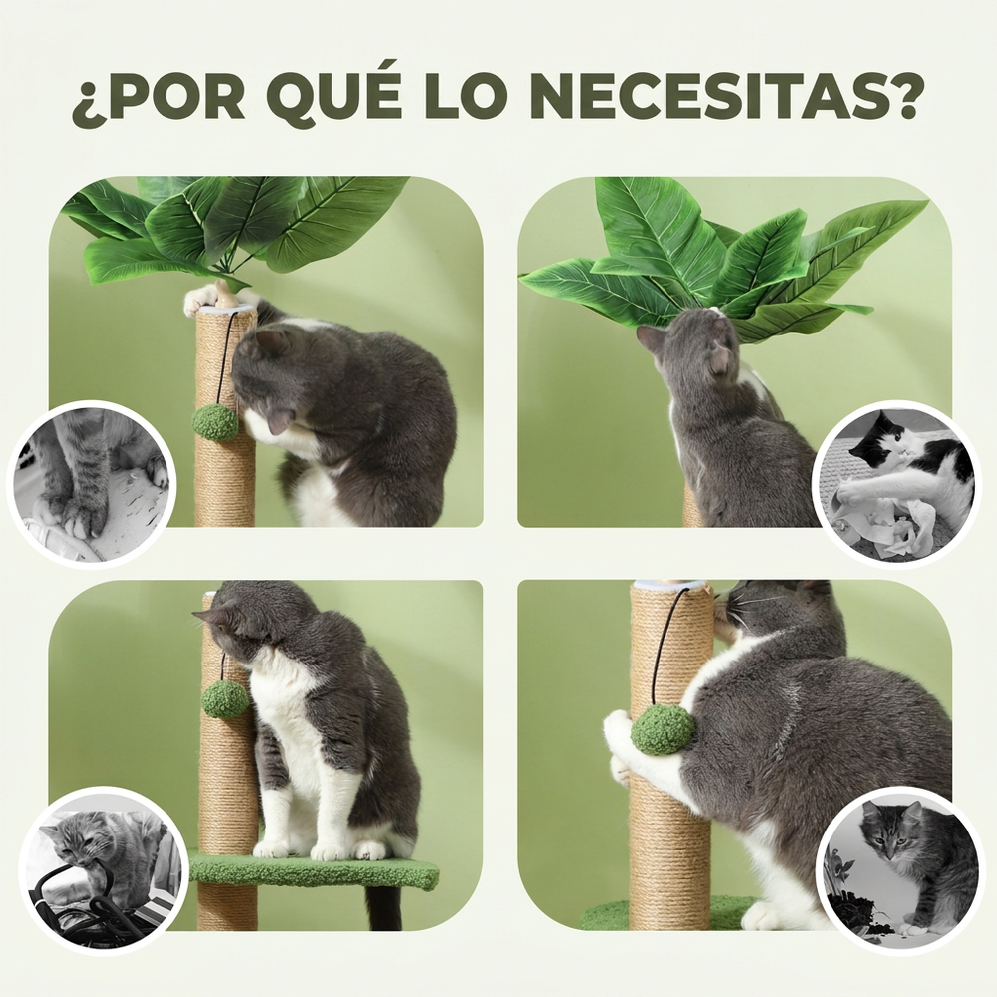 PawHut Árbol Rascador para Gatos 83 cm con Hojas Artificiales, Torre para Gatos con Poste de Yute, Plataformas de Felpa, 2 Juguetes de Bolas, Verde