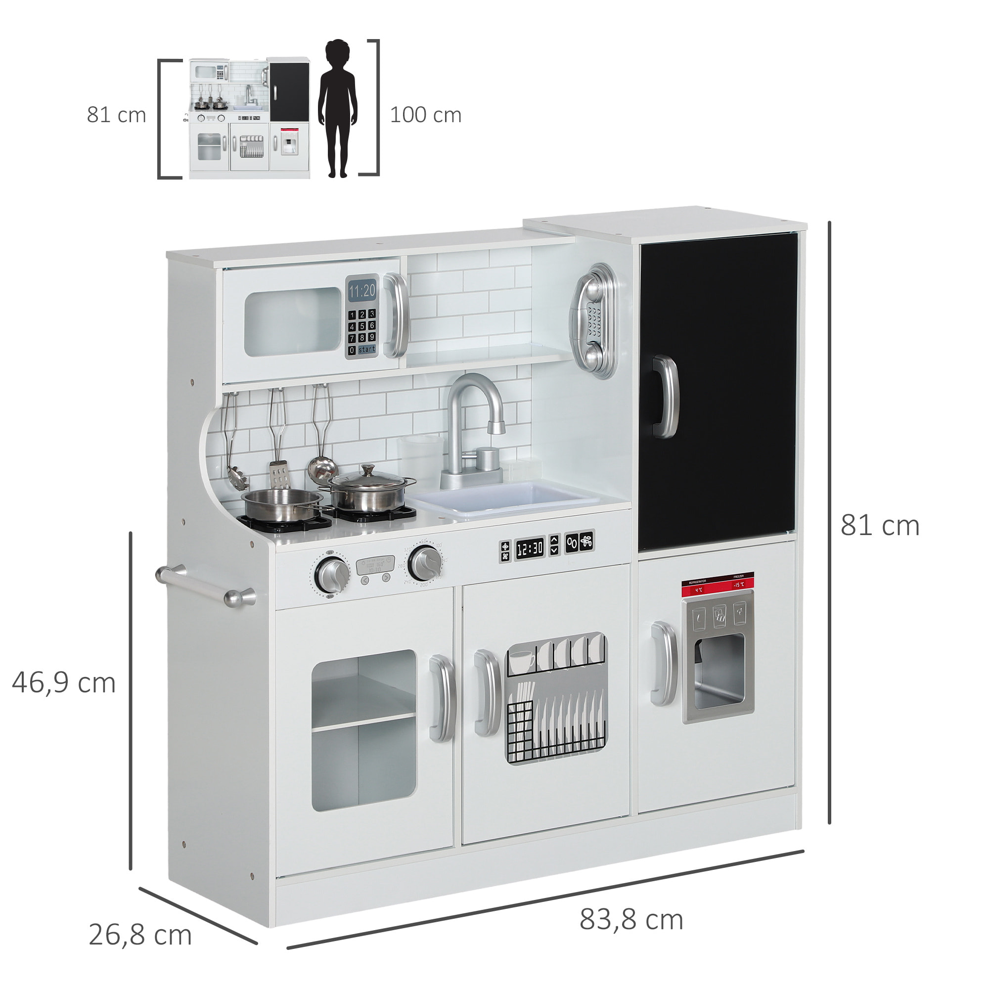 Cocina de Juguete Cocina para Niños de +3 Años Cocinita Infantil de Madera con Accesorios para Cocinar Pizarra Máquina de Hielo y Teléfono 83,8x26,8x81 cm Blanco