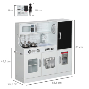 Cocina de Juguete Cocina para Niños de +3 Años Cocinita Infantil de Madera con Accesorios para Cocinar Pizarra Máquina de Hielo y Teléfono 83,8x26,8x81 cm Blanco