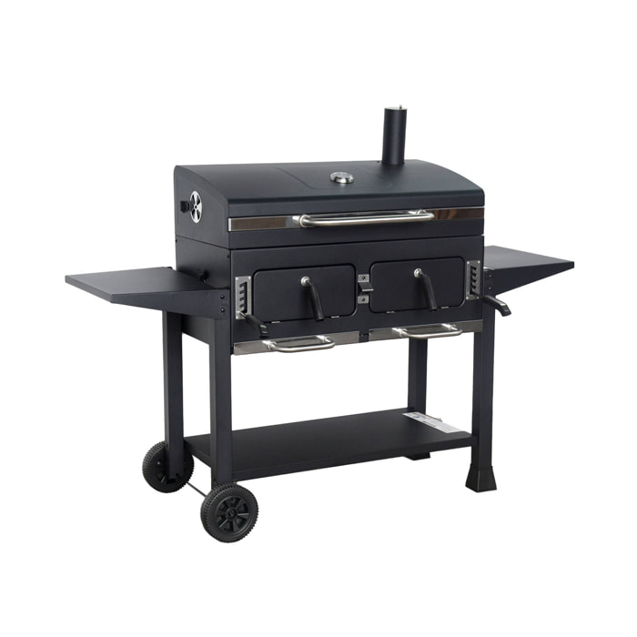 Barbecue Grill charbon de bois - Bernard XL Noir - Avec récupérateur de cendres. aérateurs. bac charbon ajustable et tablettes rabattables. L 160 x P 107.5 x H 141cm