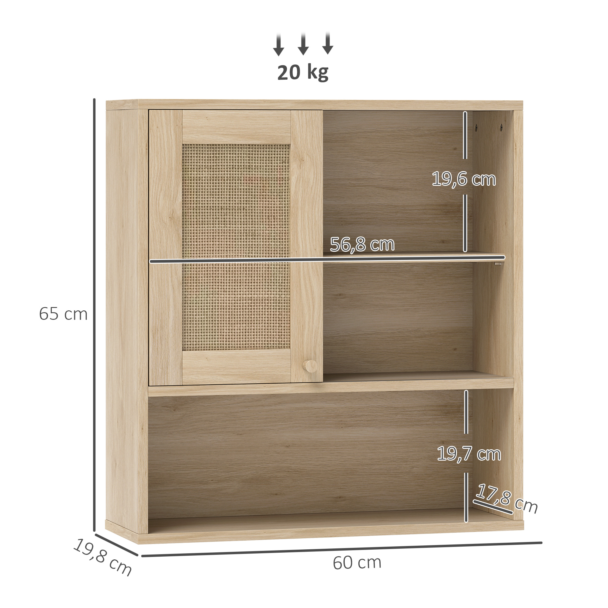 Armoire murale de salle de bain style cosy chic - porte coulissante rotin, étagère, niche - effet bois clair