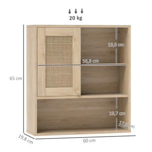 Armoire murale de salle de bain style cosy chic - porte coulissante rotin, étagère, niche - effet bois clair