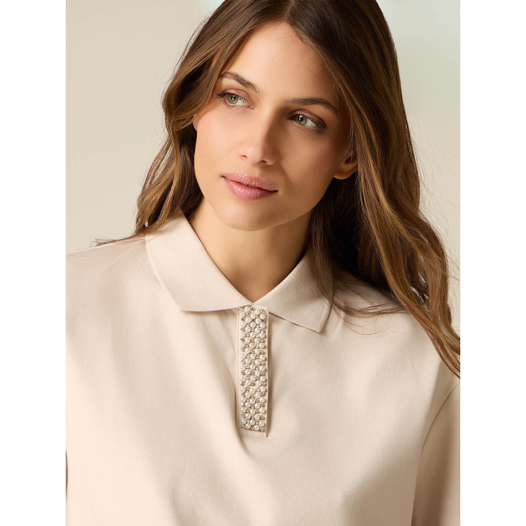 Oltre - T-shirt a polo con cristalli - Beige