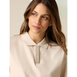 Oltre - T-shirt a polo con cristalli - Beige