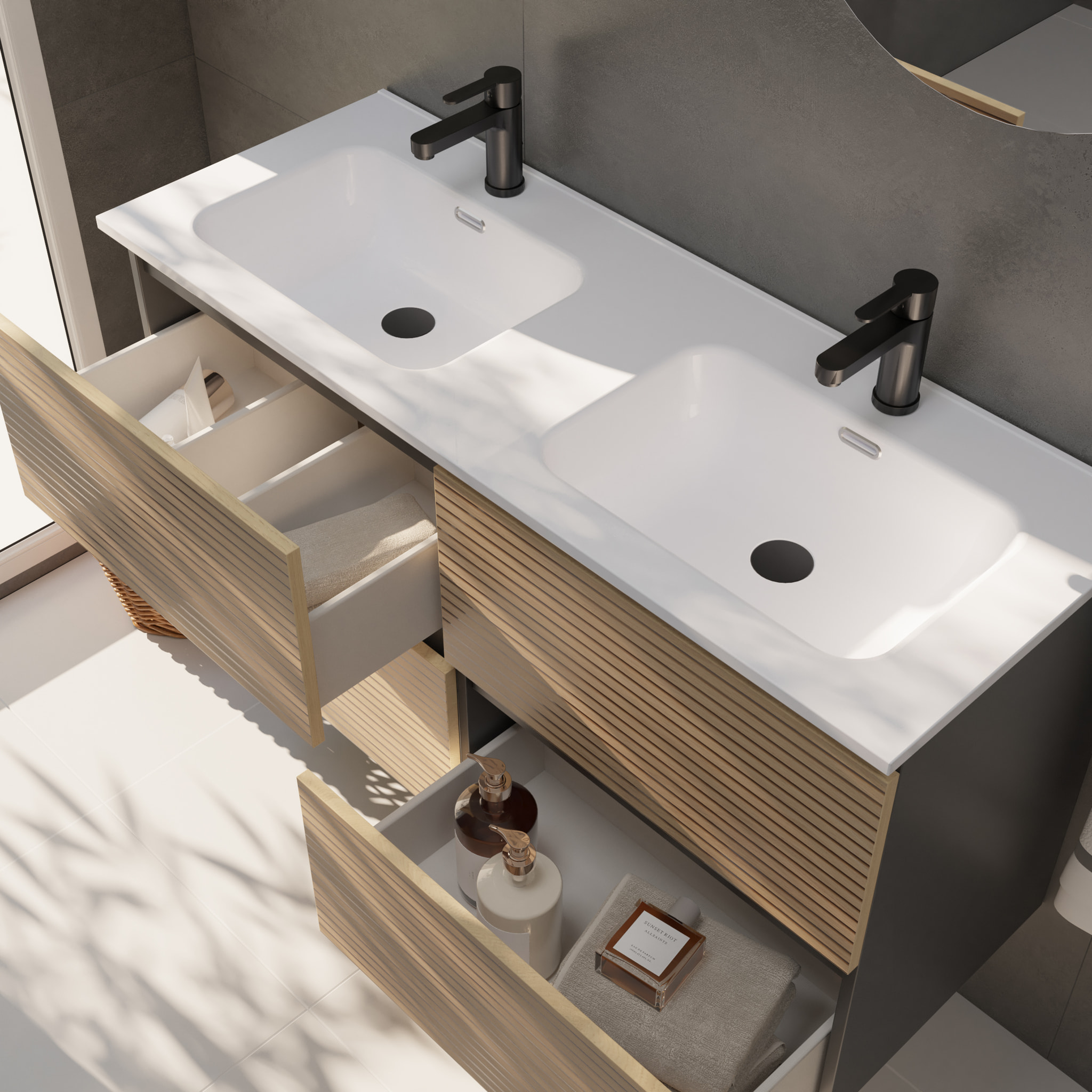 CONJUNTO DE BAÑO YINU | 140 CM NEGRO - SOLOMON | CUATRO CAJONES | LAVABO ENCASTRADO| NO INCLUYE ESPEJO | ALDAY