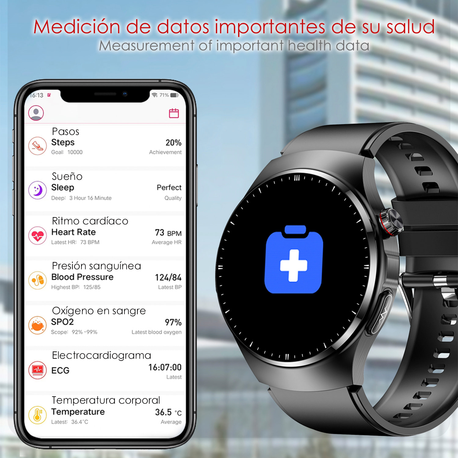 DAM Smartwatch TK25. ECG , glucosa en sangre, ácido úrico y lípidos, IMC grasa corporal, temperatura, O2 y tensión. 5,4x1,2x4,7 Cm. Color: Negro