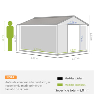 Cobertizo de Jardín Exterior 322x277x192cm 8,25 m² con 2 Puertas 4 Ventanas Gris