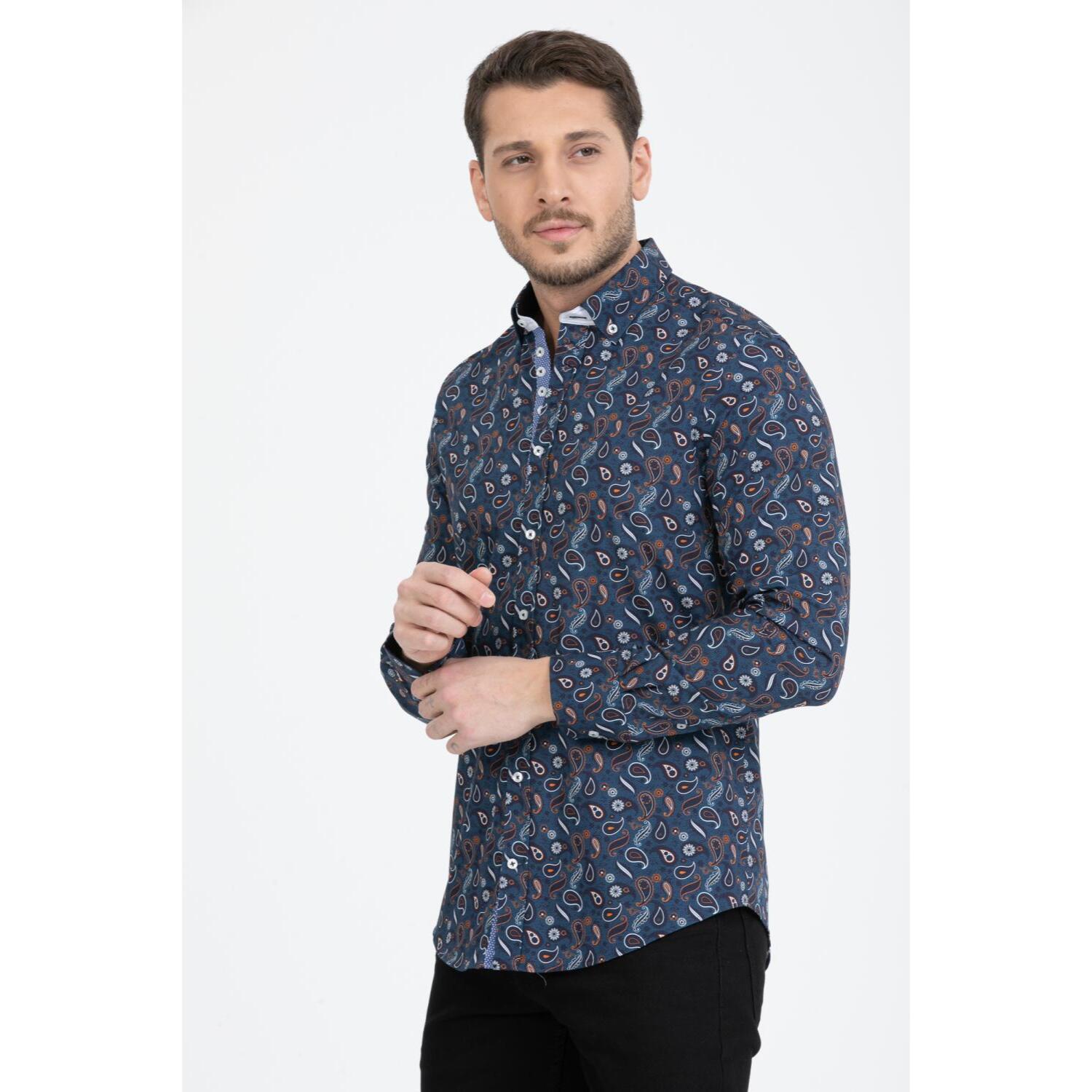 Camicia Uomo 1 Bottoni Button Down Slim Popeline Fantasia Blu/Celeste