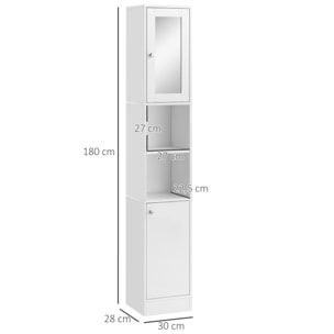 kleankin Armario Alto para Baño con Espejo Mueble Columna de Baño Madera con 2 Estantes Abiertos 2 Puertas y Baldas Interiores Ajustables 30x28x180 cm Blanco