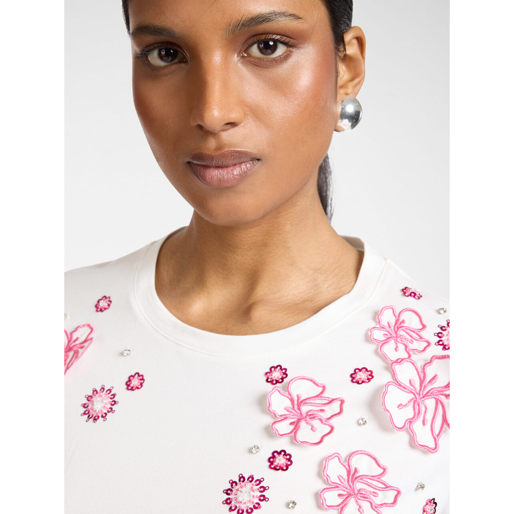 Elena Mirò - Camiseta de algodón con bordados florales - Blanco