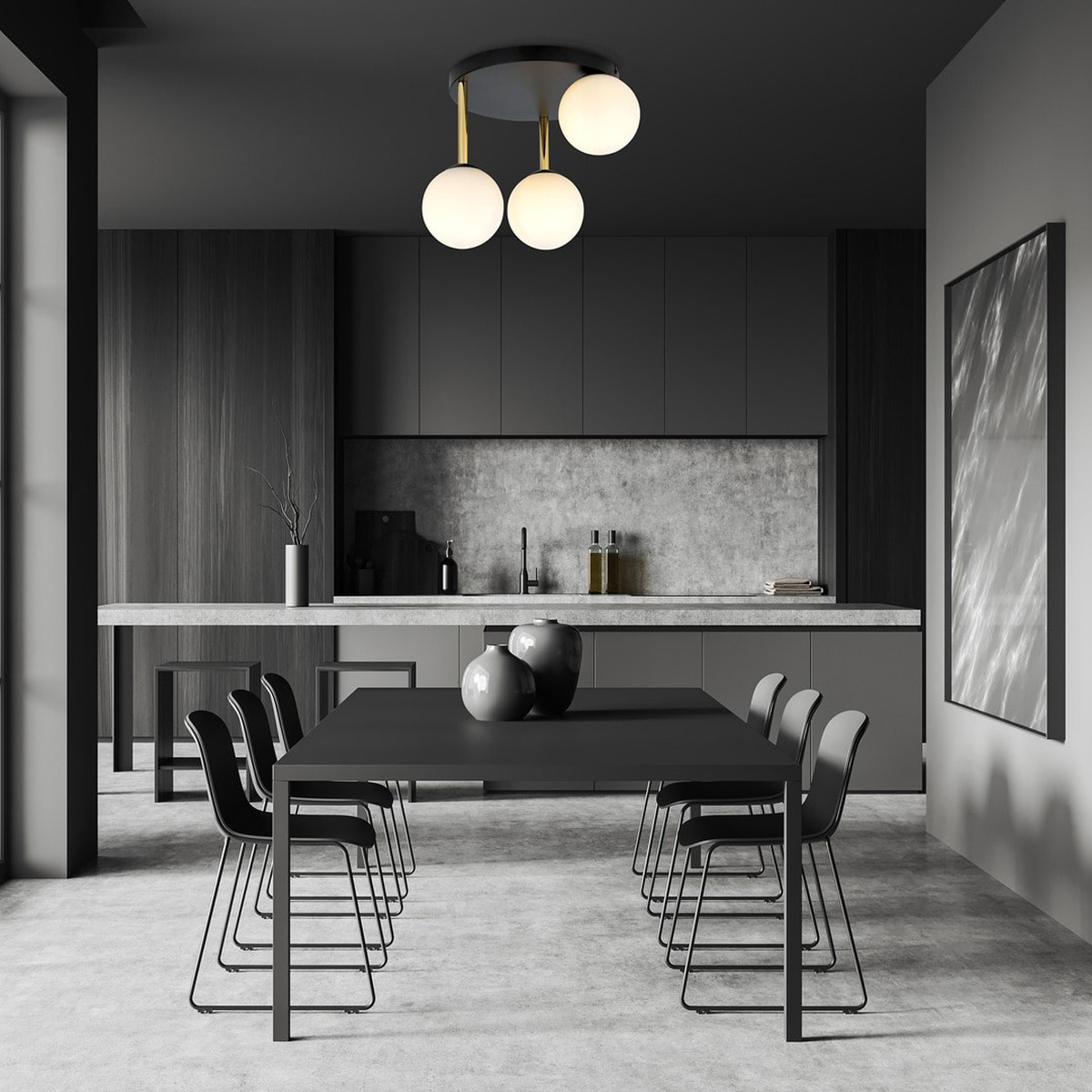 Lampada da soffitto Dolce in acciaio nero e oro con sfere in vetro opalino