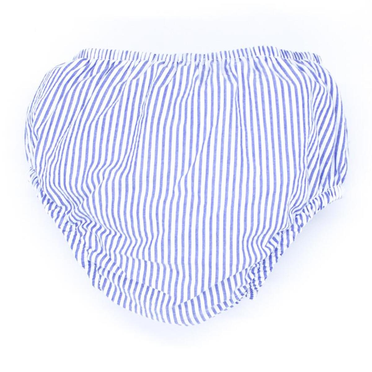 Cubrepañal de rayas azul marino. Elastico en la cintura y en las piernas.