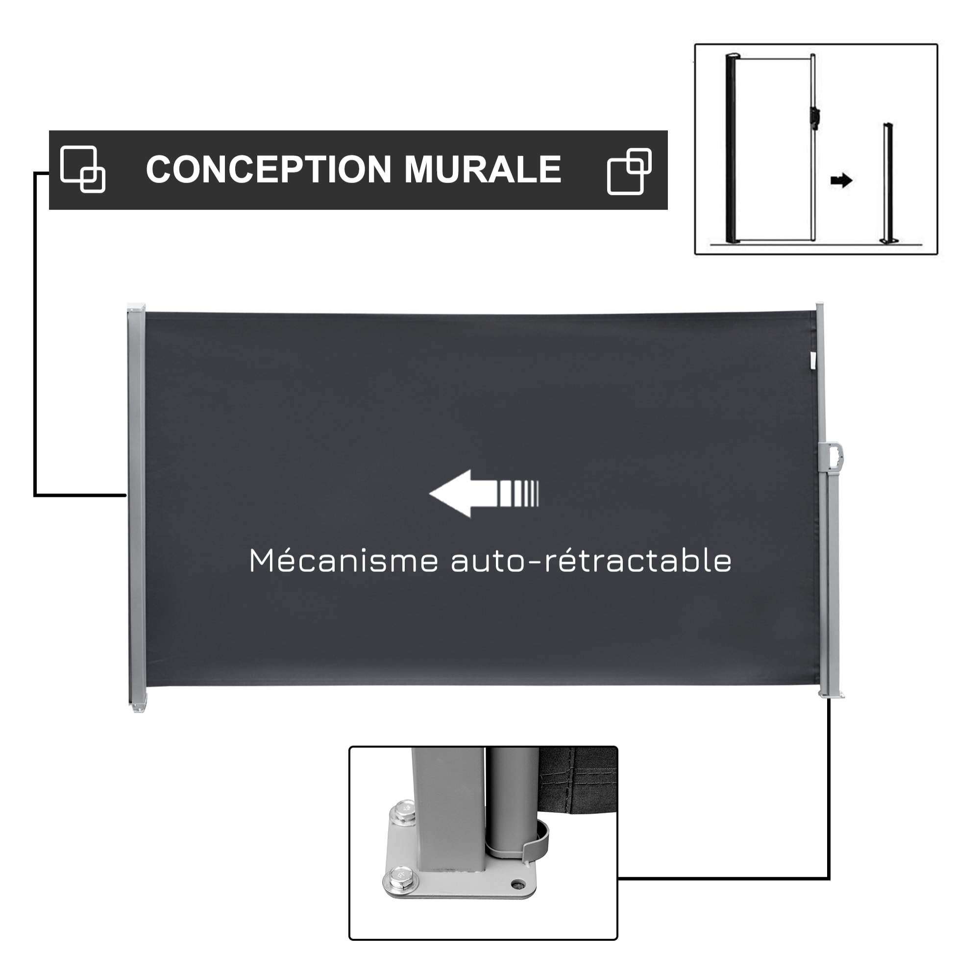 Store latéral brise-vue paravent rétractable dim. 3L x 1,8H m métal polyester imperméable anti-UV haute densité 180g/m² gris