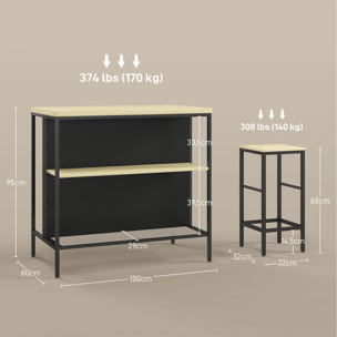 Ensemble table de bar 2 tabourets style industriel - 2 étagères - acier noir aspect bois clair