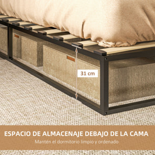 Marco de Cama de Acero Altura 25 cm Estructura de Cama para Colchón 180x200 cm Somier de Listones de Madera para 1-2 Personas Estilo Moderno Negro