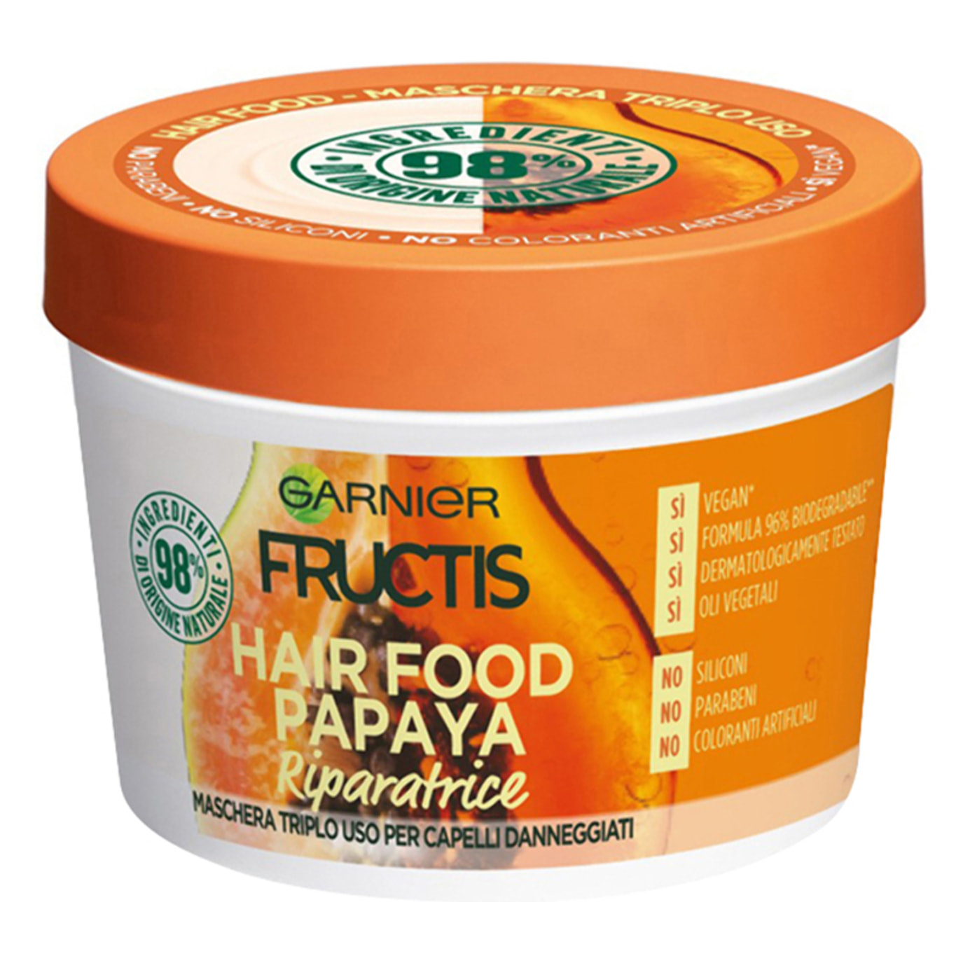 Maschera Riparatrice per Capelli Danneggiati Fructis Hair Food Papaya Triplo Uso - Barattolo da 390ml