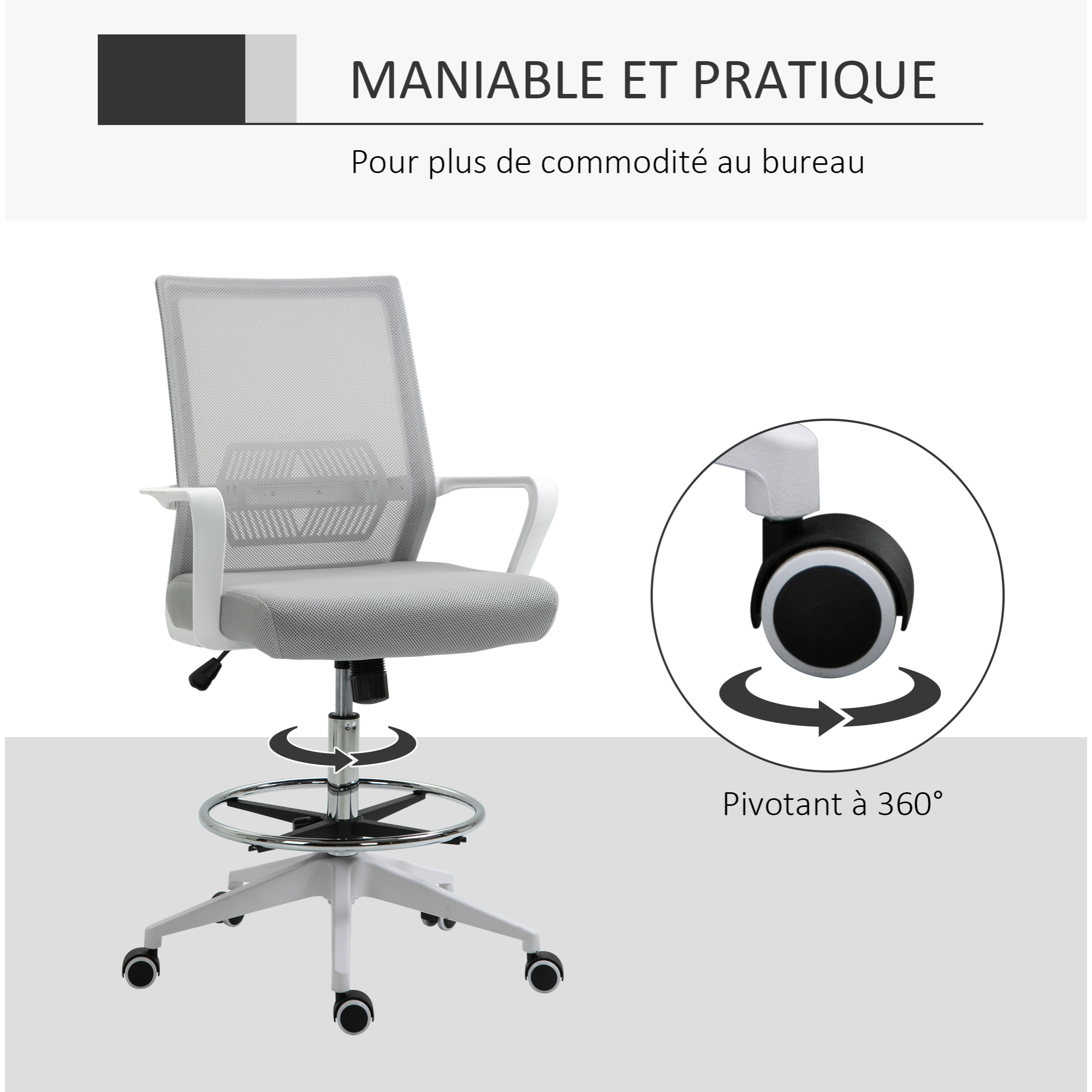 Fauteuil de bureau chaise de bureau assise haute réglable dim. 64L x 59l x 104-124H cm pivotant 360° maille respirante gris