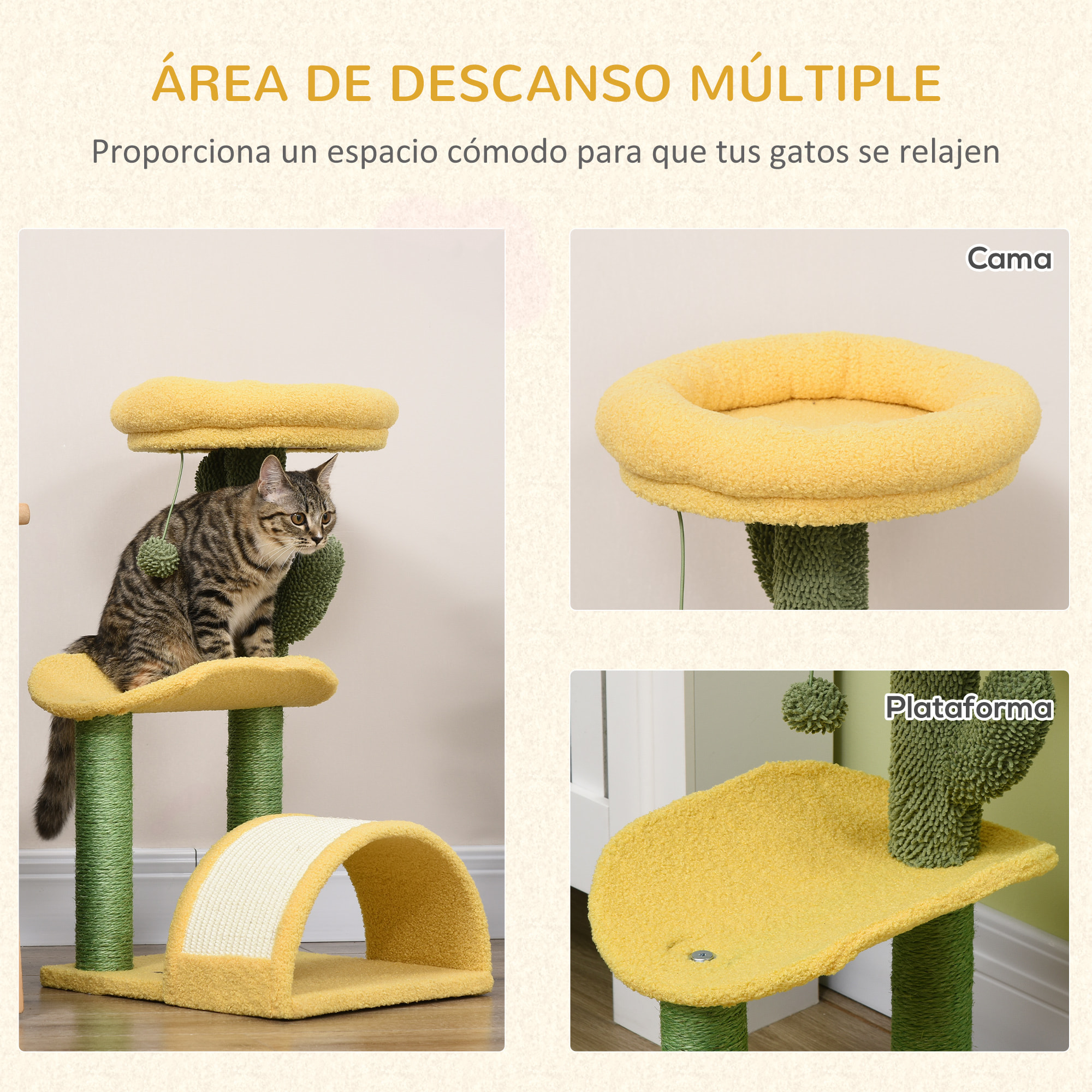 Árbol Rascador para Gatos con Cama Poste de Sisal Rascadora Curva 40x35x72 cm