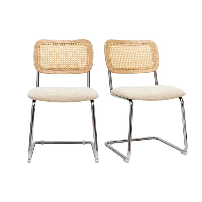 Chaises design en tissu effet velours texturé beige, métal chromé et cannage rotin (lot de 2) ELECTRA
