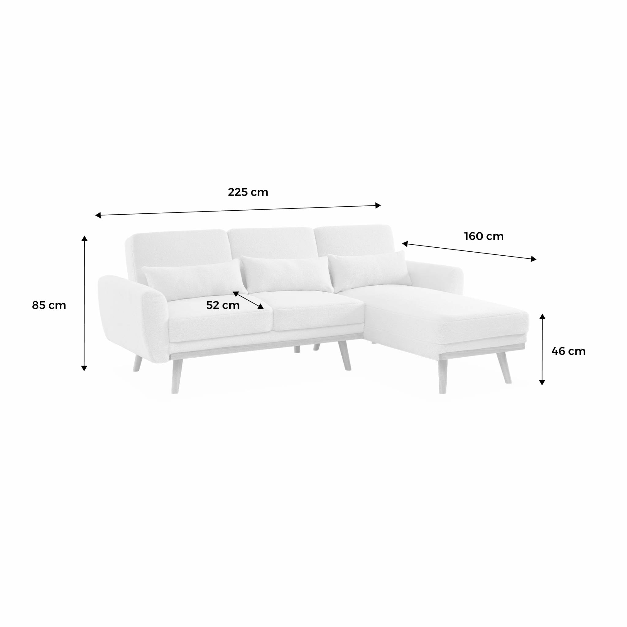 Canapé d'angle convertible réversible 3 places. tissu bouclettes blanches. pieds bois