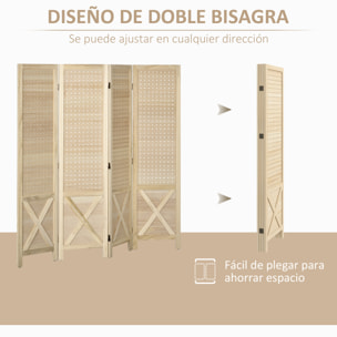 Biombo de 4 Paneles Divisor de Habitación Plegable 152x1,7x144,5 cm Separador de Ambientes con Pantalla de Privacidad Agujeros para Colgar para Oficina Dormitorio Salón Natural